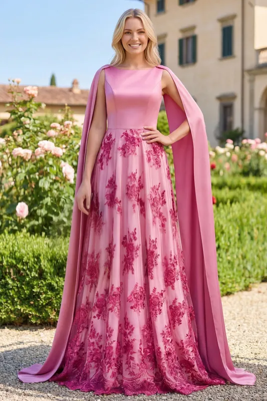 Fuchsia A Line Floral Long Wedding Guest Dress with Draped Cape made by Wedtrend