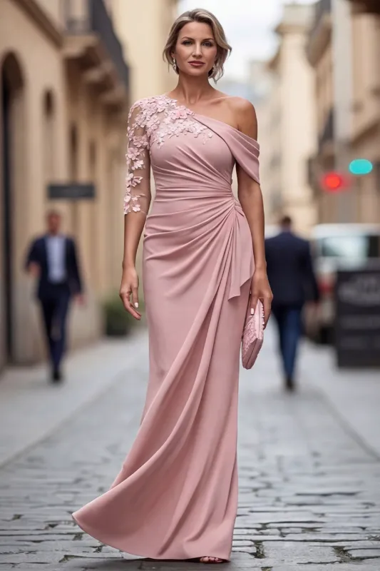 Blush One Shoulder Mermaid Floral Ruched Long Mother of the Bride Dress made by Wedtrend