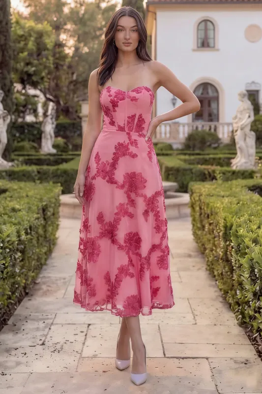 Hot Pink Floral A Line Strapless Corset Midi Wedding Guest Dress made by Wedtrend
