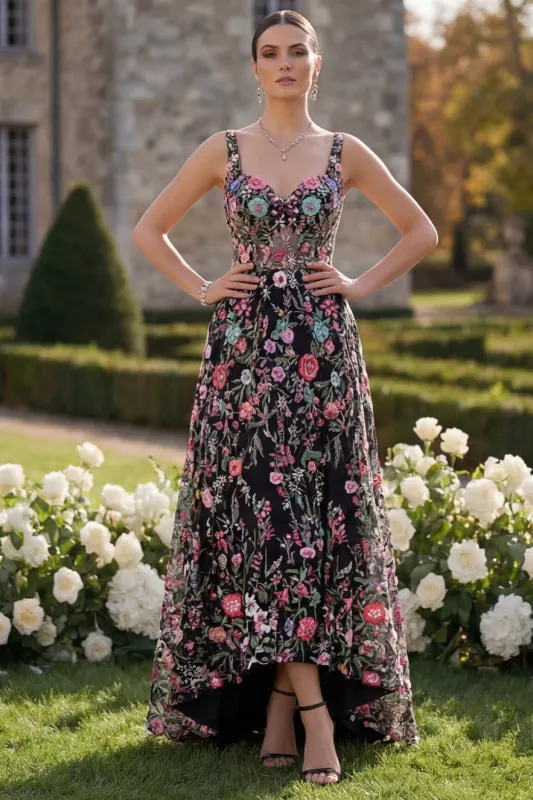 Black Floral A Line Appliqued High Low Wedding Guest Dress made by Wedtrend