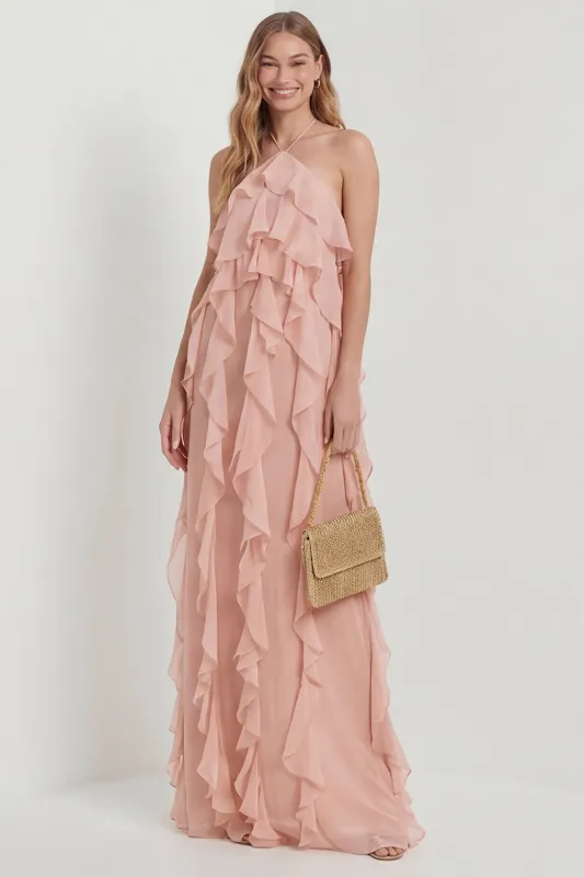 Blush Halter A Line Ruffled Long Wedding Guest Dress made by Wedtrend