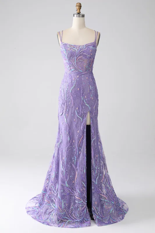 Lilac Mermaid Spaghetti Straps Sequins Long Prom Dress with Slit made by Wedtrend