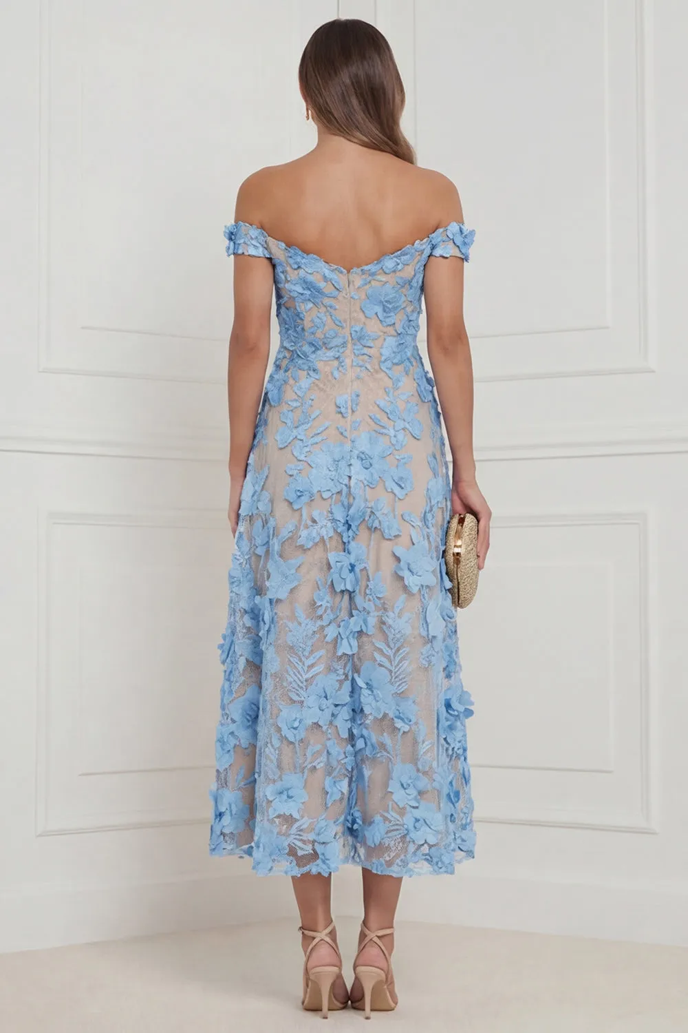 Sky Blue Off the Shoulder A Line Appliqued Midi Wedding Guest Dress sold by Wedtrend product image thumbnail 2