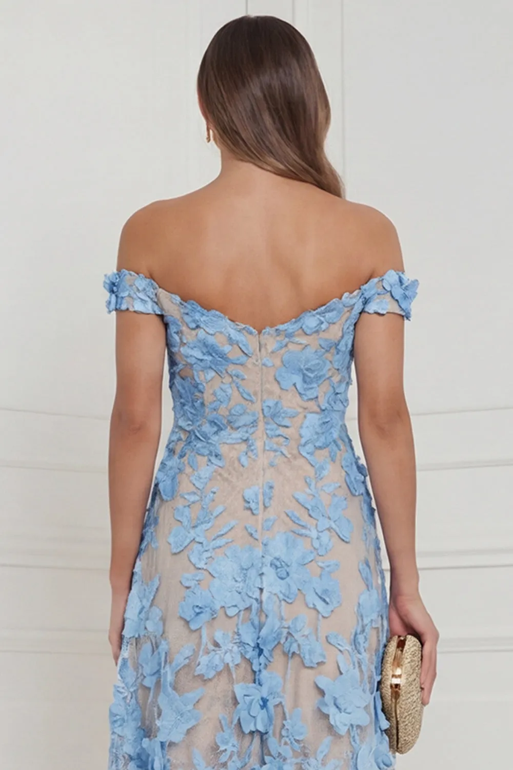 Sky Blue Off the Shoulder A Line Appliqued Midi Wedding Guest Dress sold by Wedtrend product image thumbnail 5