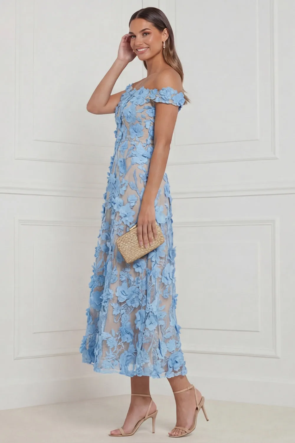Sky Blue Off the Shoulder A Line Appliqued Midi Wedding Guest Dress sold by Wedtrend product image thumbnail 3