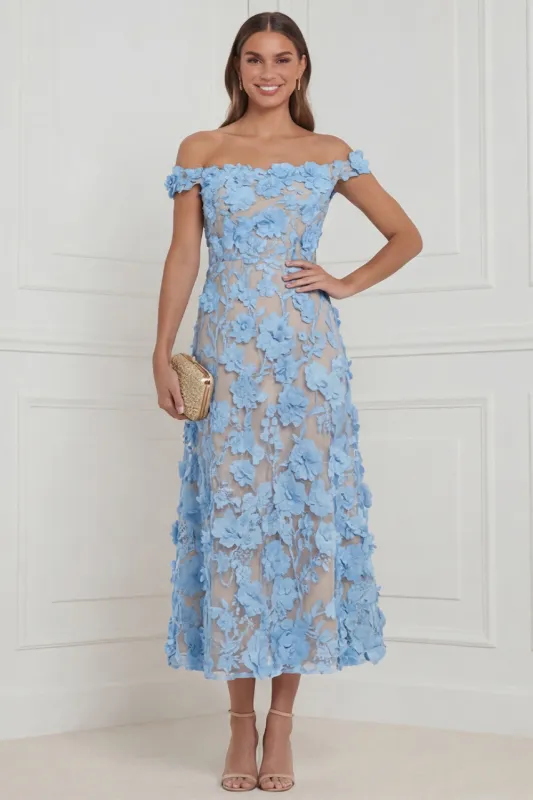 Sky Blue Off the Shoulder A Line Appliqued Midi Wedding Guest Dress made by Wedtrend