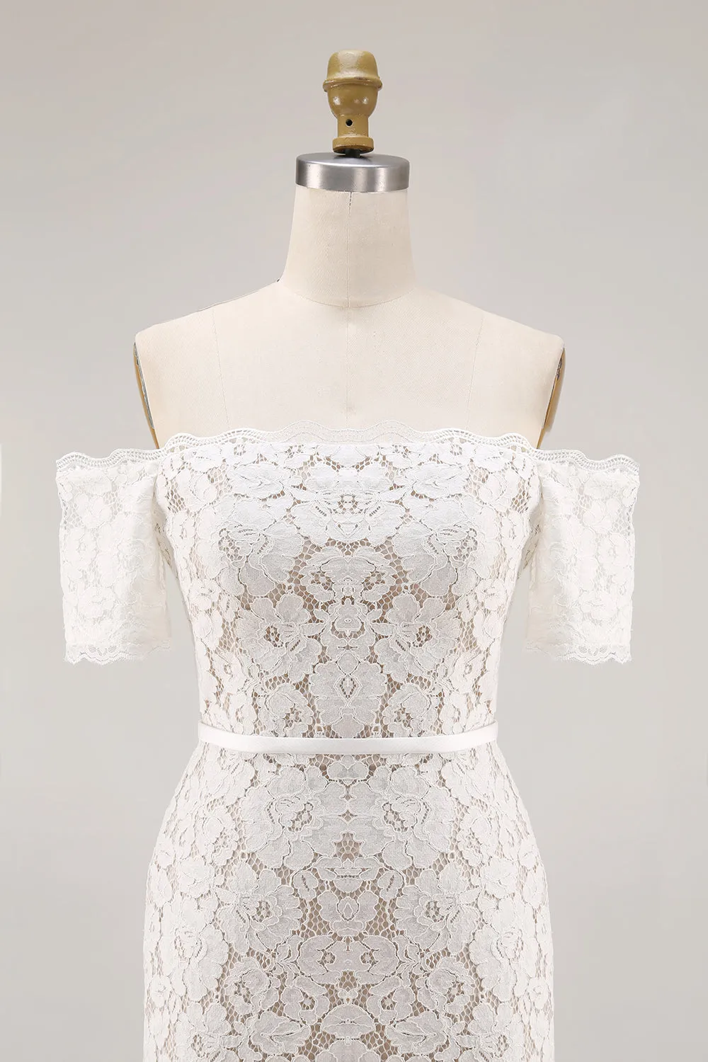 Ivory Off the Shoulder Sheath Lace Short Engagement Dress sold by Wedtrend product image thumbnail 4