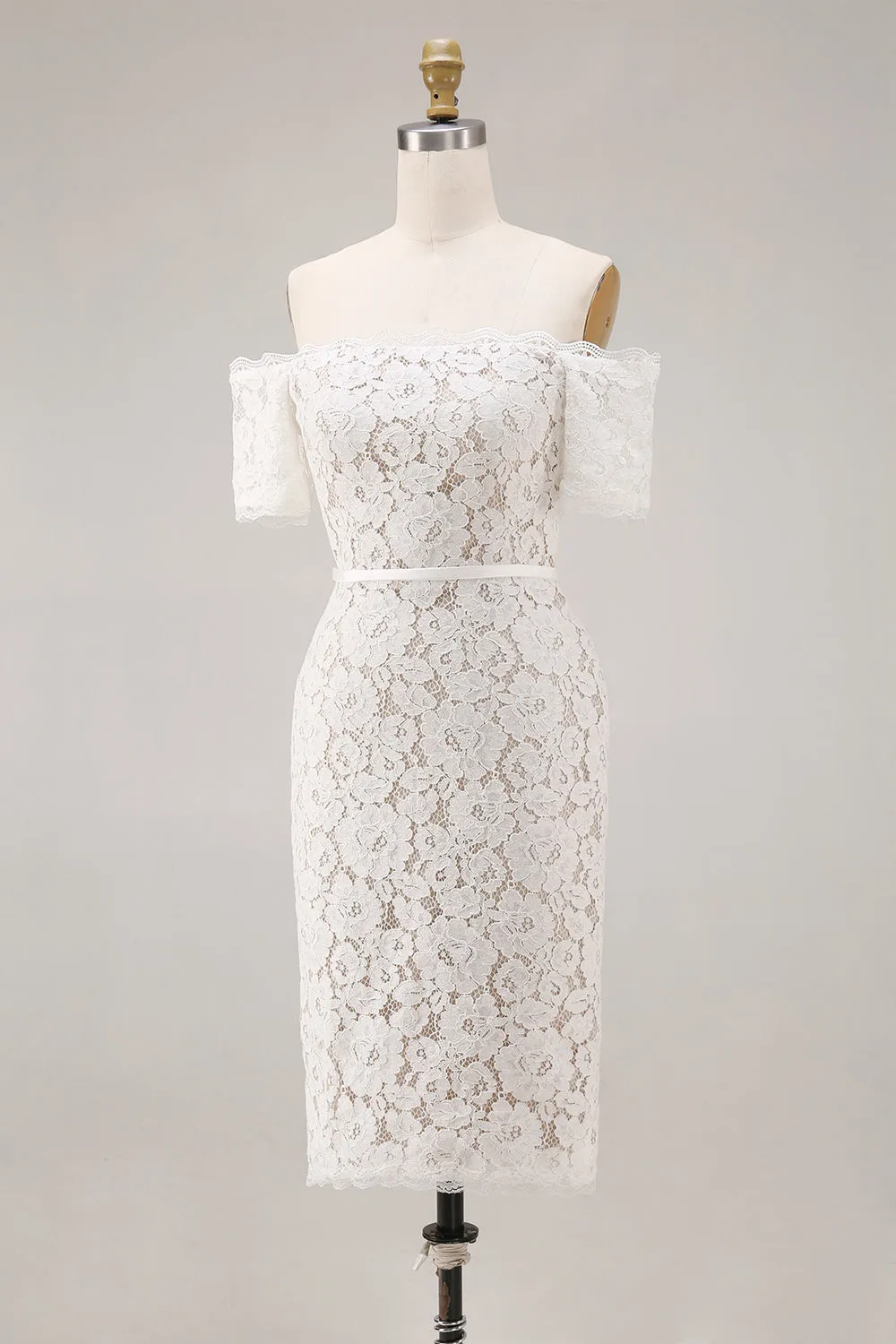 Ivory Off the Shoulder Sheath Lace Short Engagement Dress sold by Wedtrend product image thumbnail 3