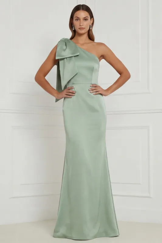 Sage Green One Shoulder Mermaid Satin Long Bridesmaid Dress with Bow made by Wedtrend
