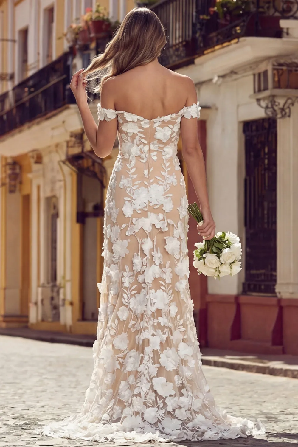 White Apricot Off the Shoulder Mermaid Long Wedding Dress with 3D Flowers sold by Wedtrend product image thumbnail 2