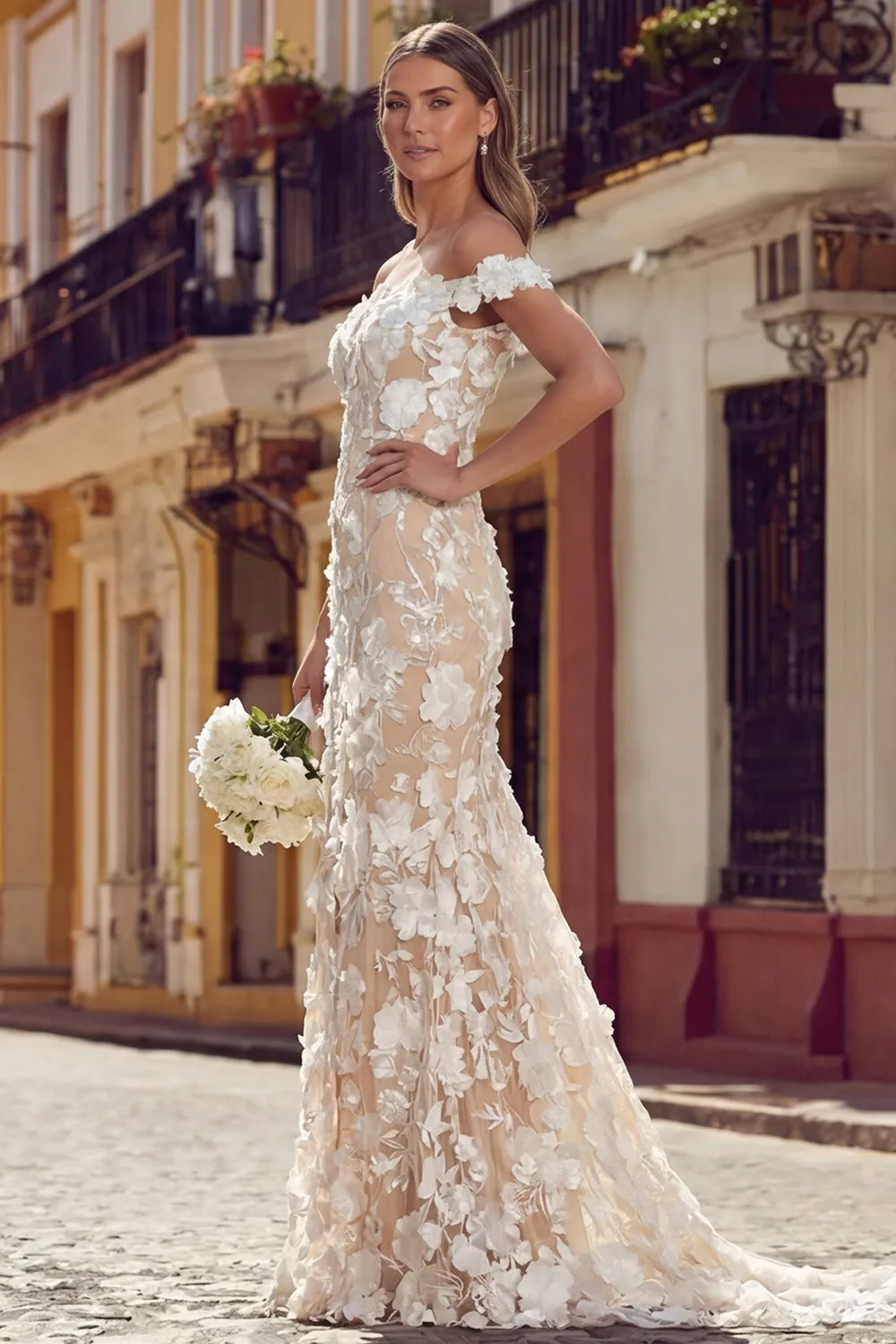 White Apricot Off the Shoulder Mermaid Long Wedding Dress with 3D Flowers sold by Wedtrend product image thumbnail 3