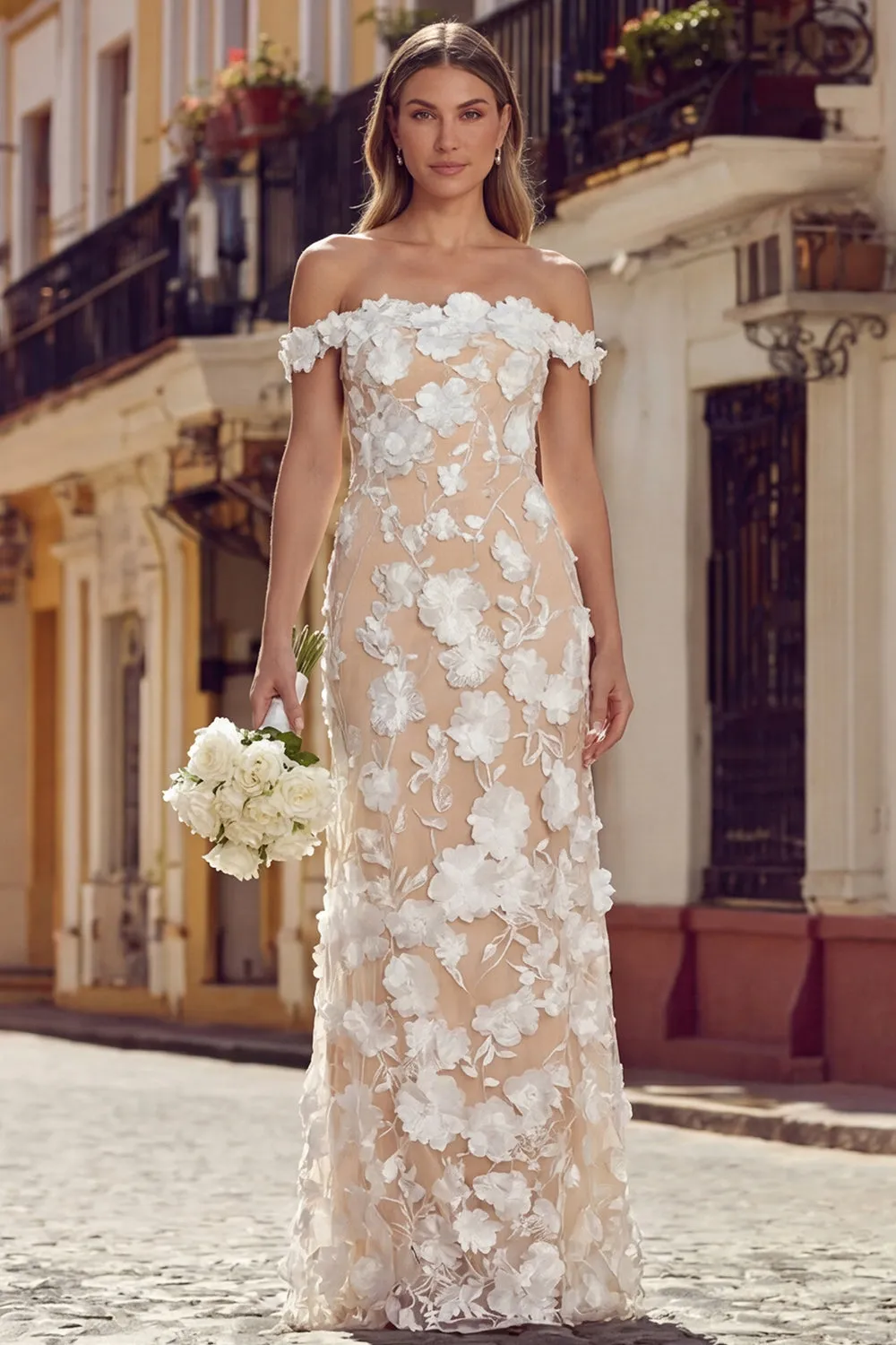 White Apricot Off the Shoulder Mermaid Long Wedding Dress with 3D Flowers sold by Wedtrend