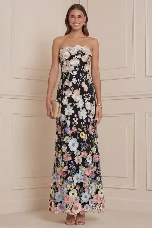 Strapless Black Sheath Wedding Guest Dress with 3D Flowers made by Wedtrend