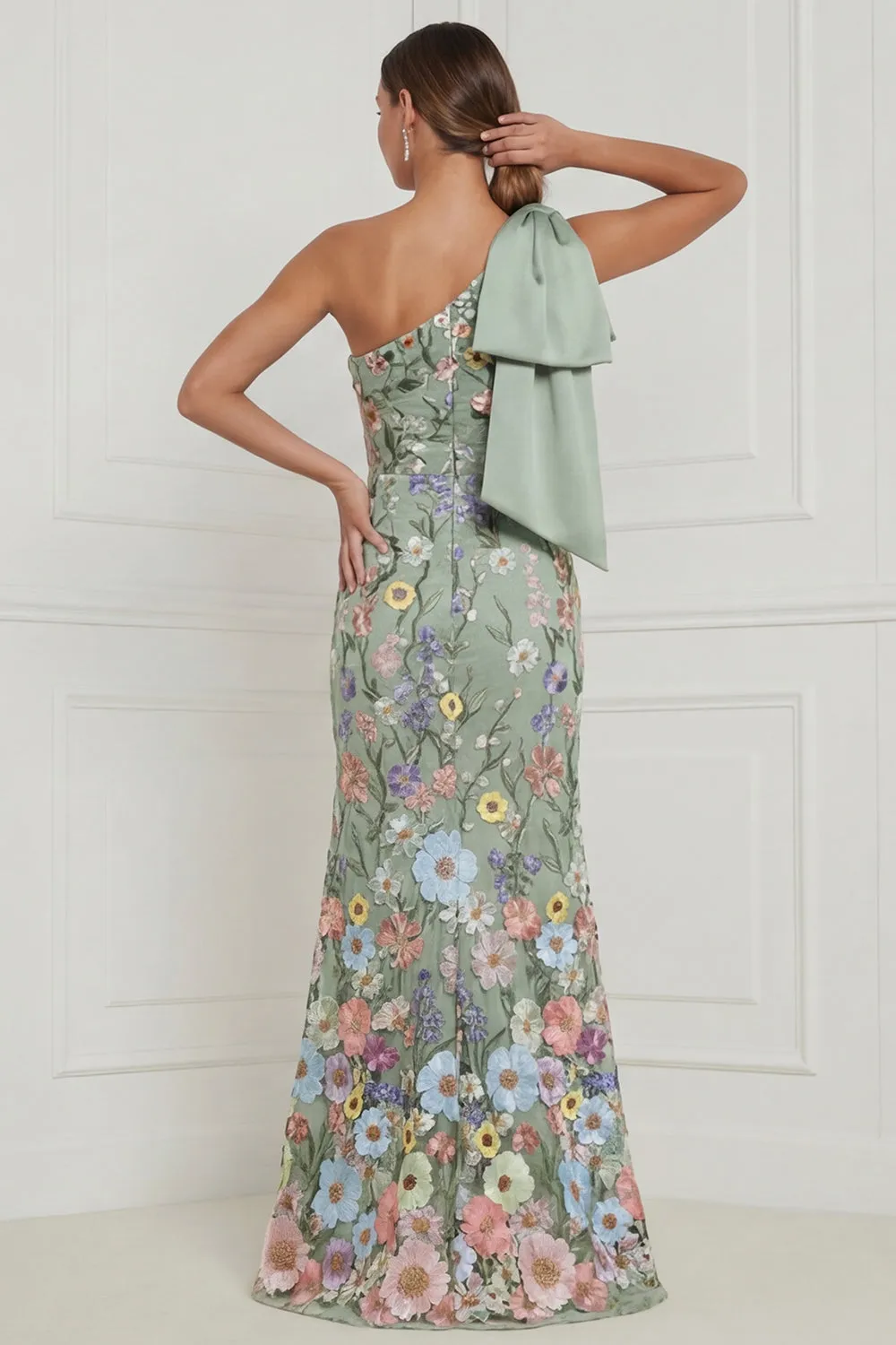Floral Sage Green Mermaid One Shoulder Long Wedding Guest Dress with Bow sold by Wedtrend product image thumbnail 2
