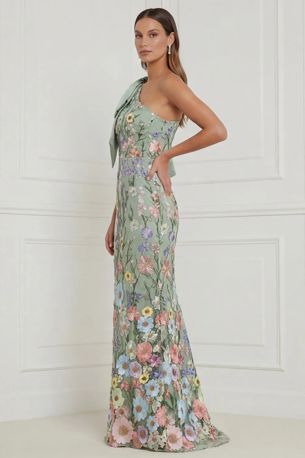 Floral Sage Green Mermaid One Shoulder Long Wedding Guest Dress with Bow sold by Wedtrend product image thumbnail 3