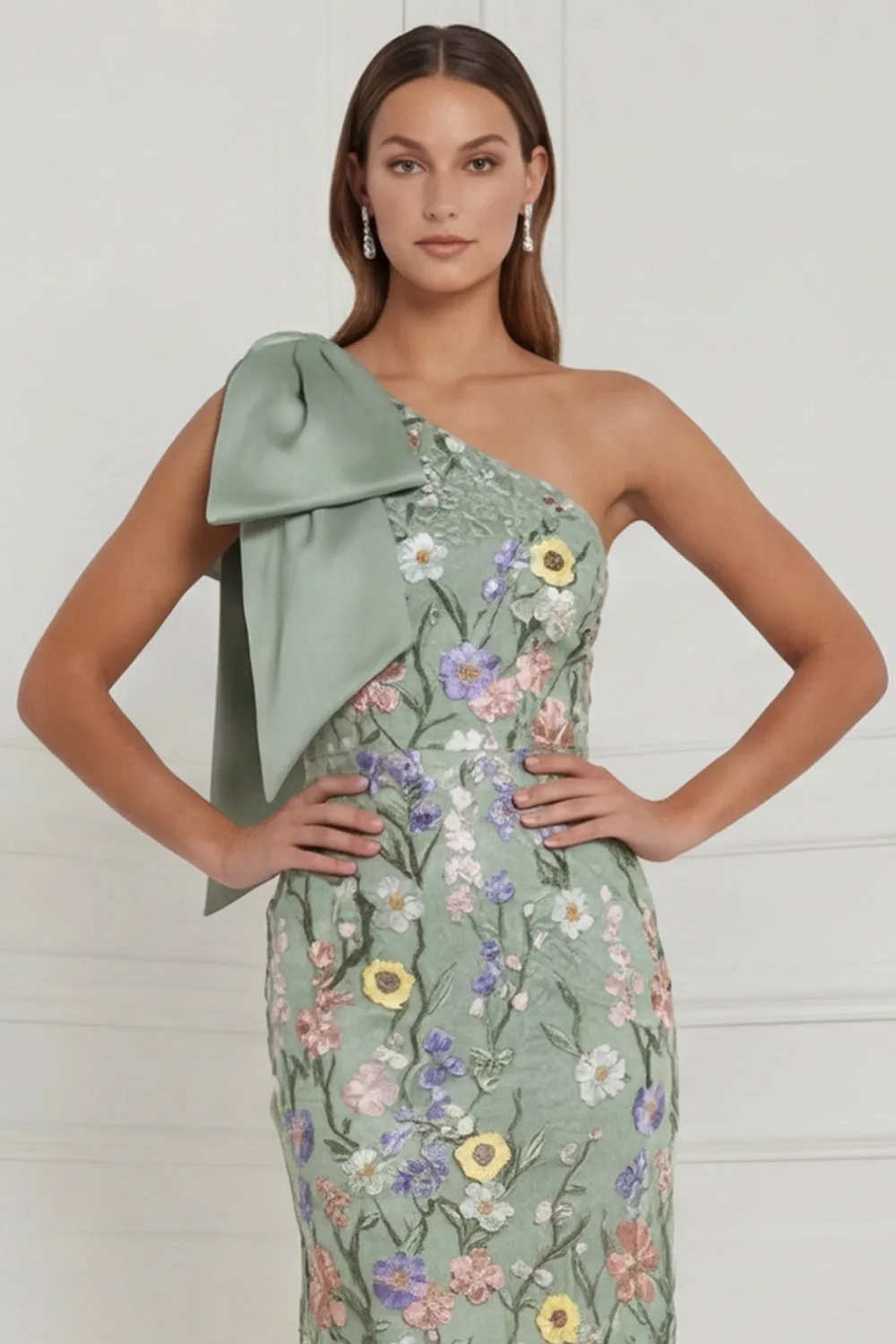 Floral Sage Green Mermaid One Shoulder Long Wedding Guest Dress with Bow sold by Wedtrend product image thumbnail 4