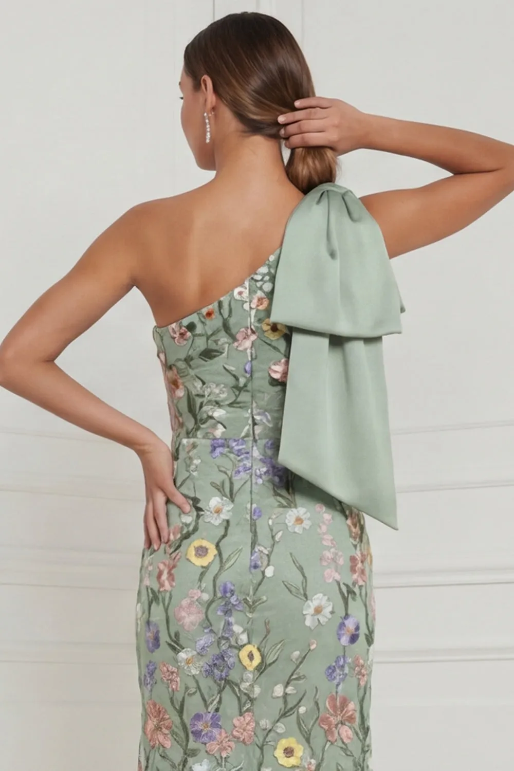 Floral Sage Green Mermaid One Shoulder Long Wedding Guest Dress with Bow sold by Wedtrend product image thumbnail 5