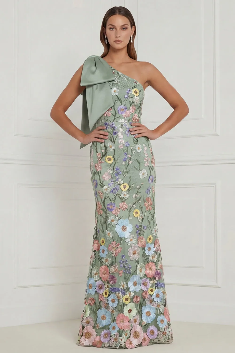 Floral Sage Green Mermaid One Shoulder Long Wedding Guest Dress with Bow sold by Wedtrend