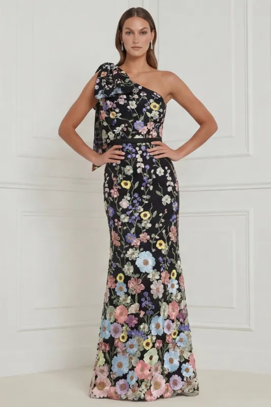 Black Flower One Shoulder Mermaid Long Wedding Guest Dress with Bow made by Wedtrend