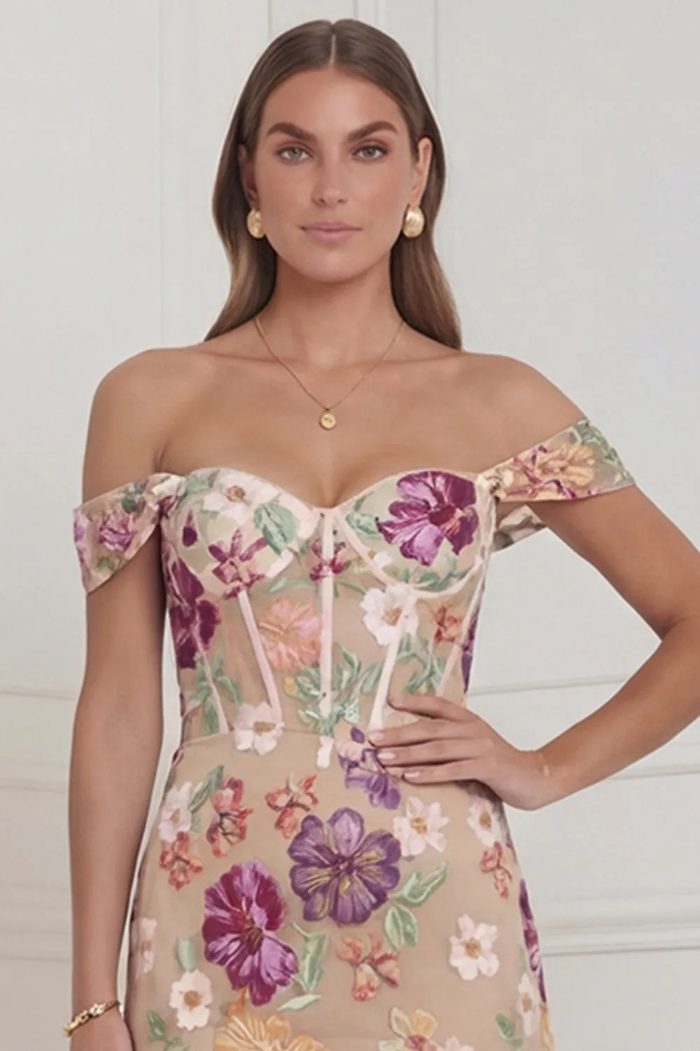 Off the Shoulder Apricot Floral Corset Embroidered Midi Wedding Guest Dress sold by Wedtrend product image thumbnail 4