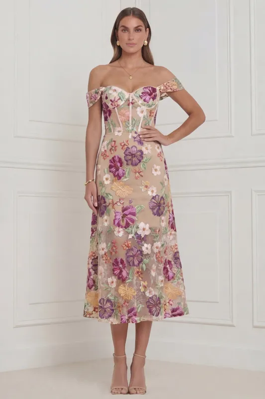 Off the Shoulder Apricot Floral Corset Embroidered Midi Wedding Guest Dress made by Wedtrend