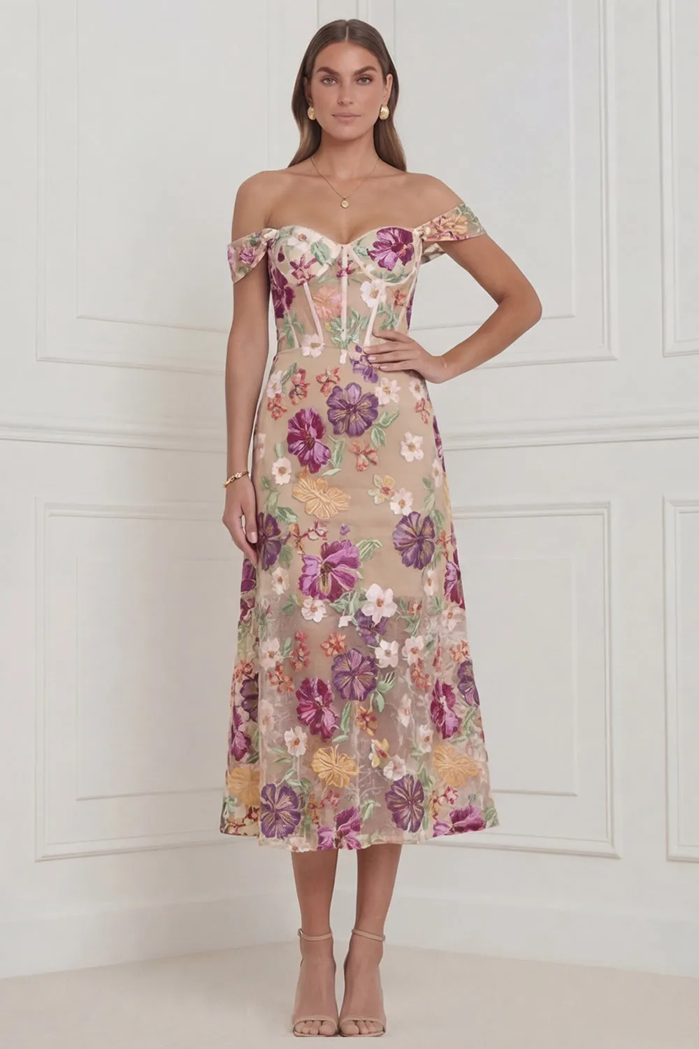 Off the Shoulder Apricot Floral Corset Embroidered Midi Wedding Guest Dress sold by Wedtrend