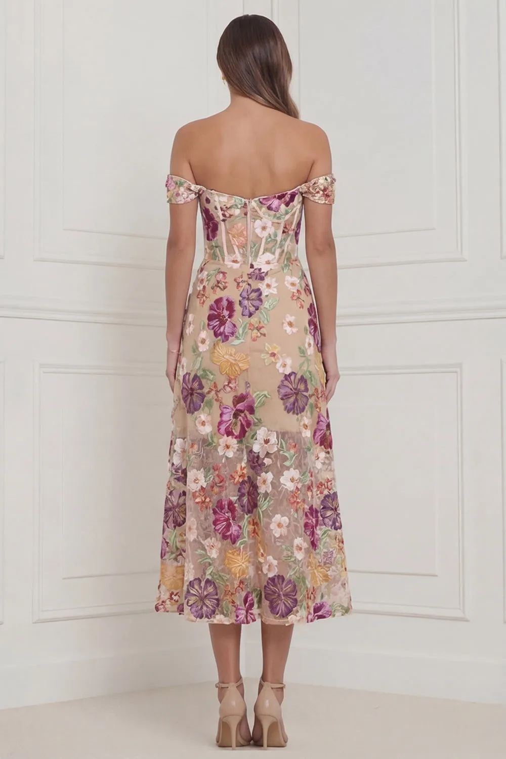 Off the Shoulder Apricot Floral Corset Embroidered Midi Wedding Guest Dress sold by Wedtrend product image thumbnail 2