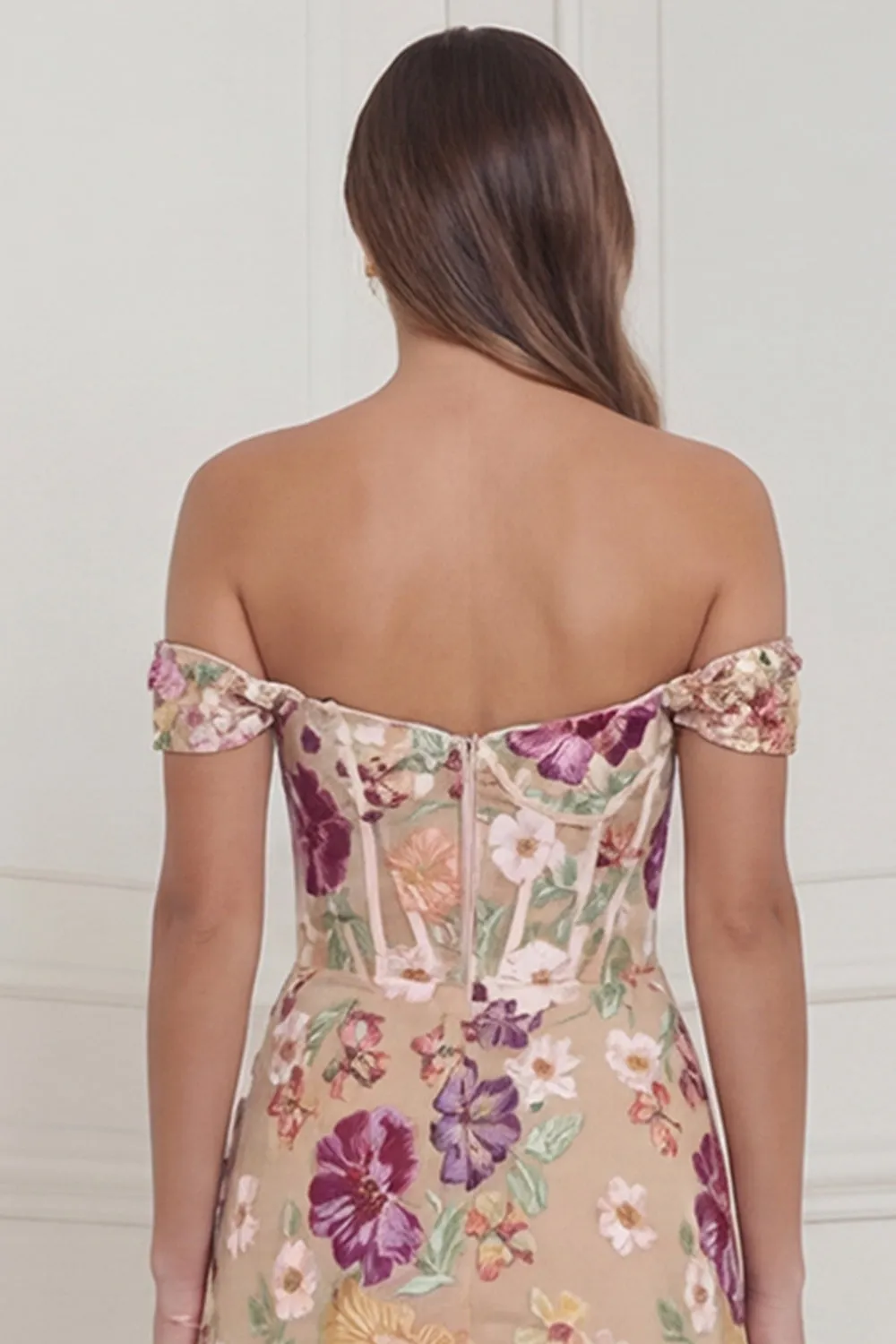Off the Shoulder Apricot Floral Corset Embroidered Midi Wedding Guest Dress sold by Wedtrend product image thumbnail 5