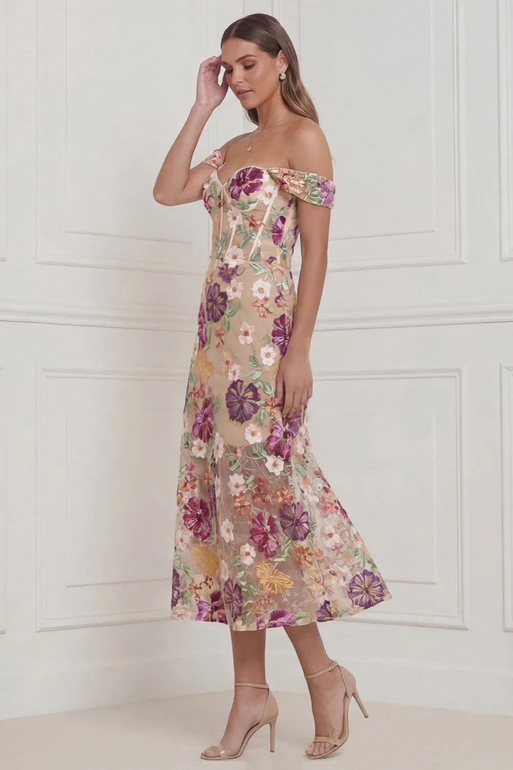 Off the Shoulder Apricot Floral Corset Embroidered Midi Wedding Guest Dress sold by Wedtrend product image thumbnail 3