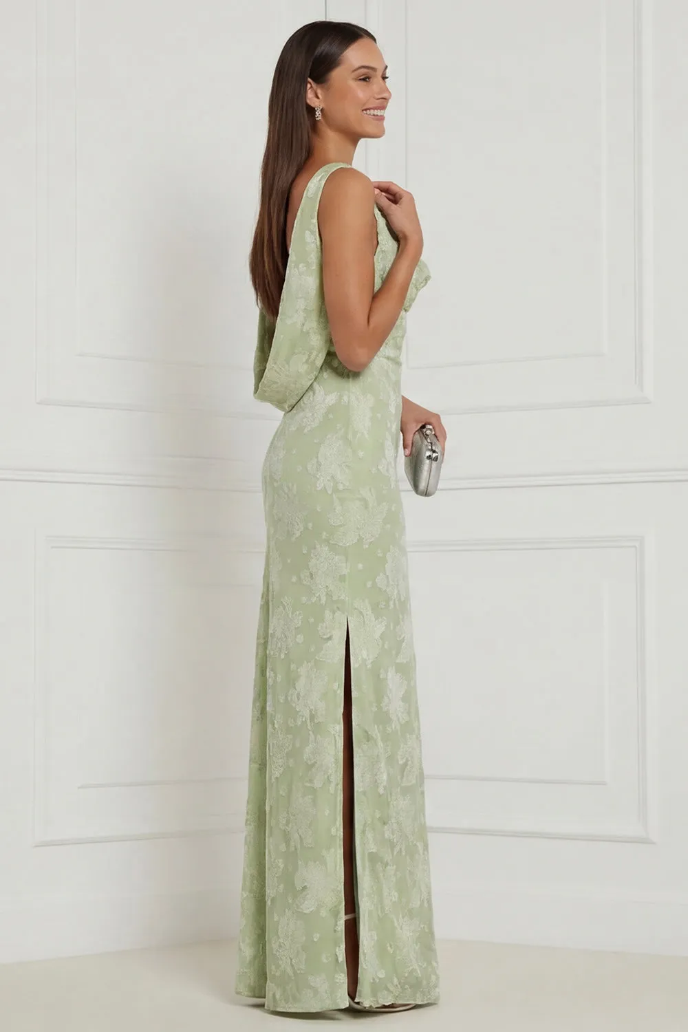 Sage Green Floral Cowl Neck Sheath Long Bridesmaid Dress with Slit sold by Wedtrend product image thumbnail 3