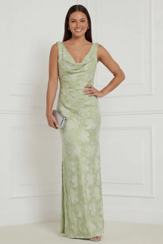 Sage Green Floral Cowl Neck Sheath Long Bridesmaid Dress with Slit made by Wedtrend