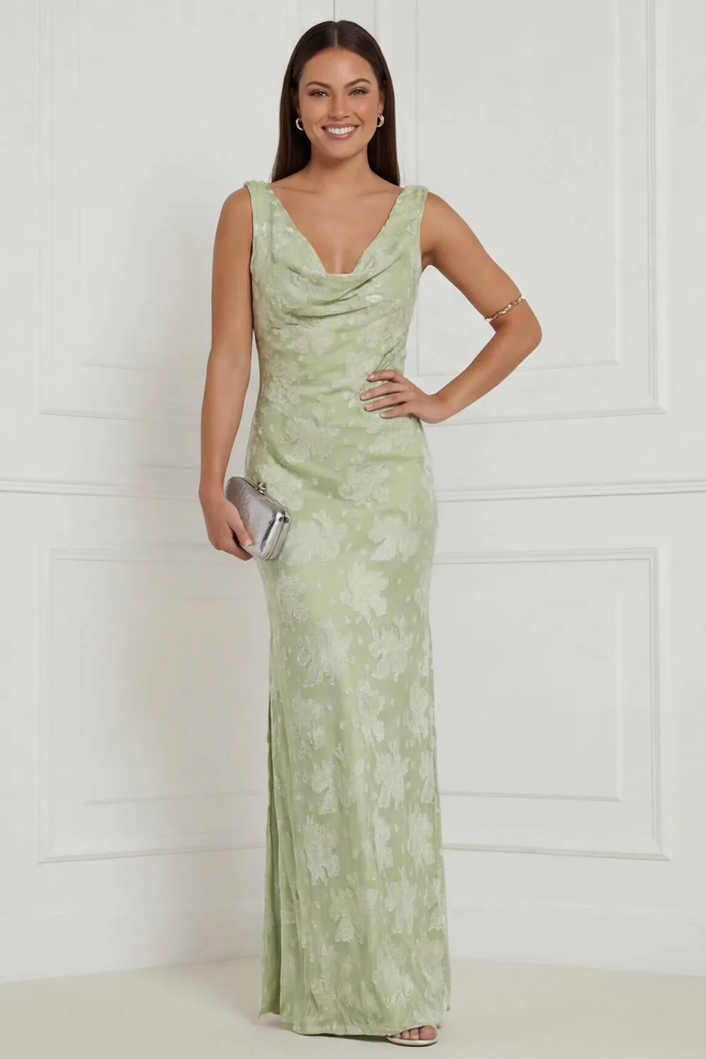 Sage Green Floral Cowl Neck Sheath Long Bridesmaid Dress with Slit sold by Wedtrend