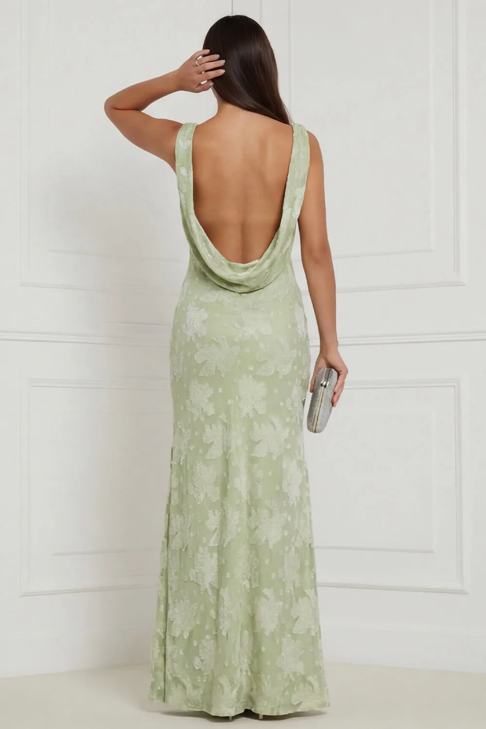 Sage Green Floral Cowl Neck Sheath Long Bridesmaid Dress with Slit sold by Wedtrend product image thumbnail 2