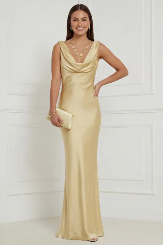 Champagne Mermaid Cowl Neck Satin Maxi Dress made by Wedtrend