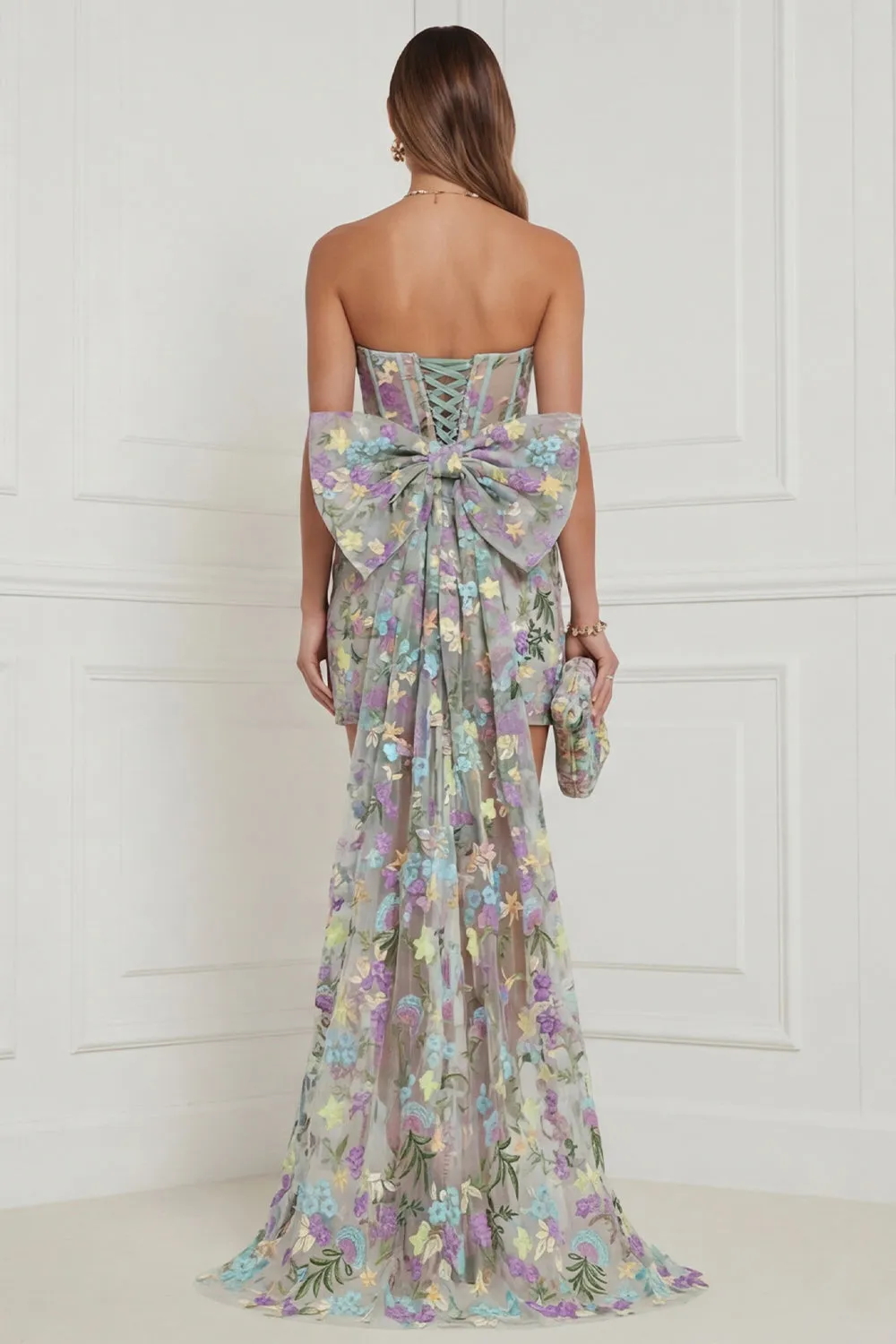 Light Blue Flower Strapless Bodycon Corset Appliqued Mini Dress with Bow sold by Wedtrend product image thumbnail 2