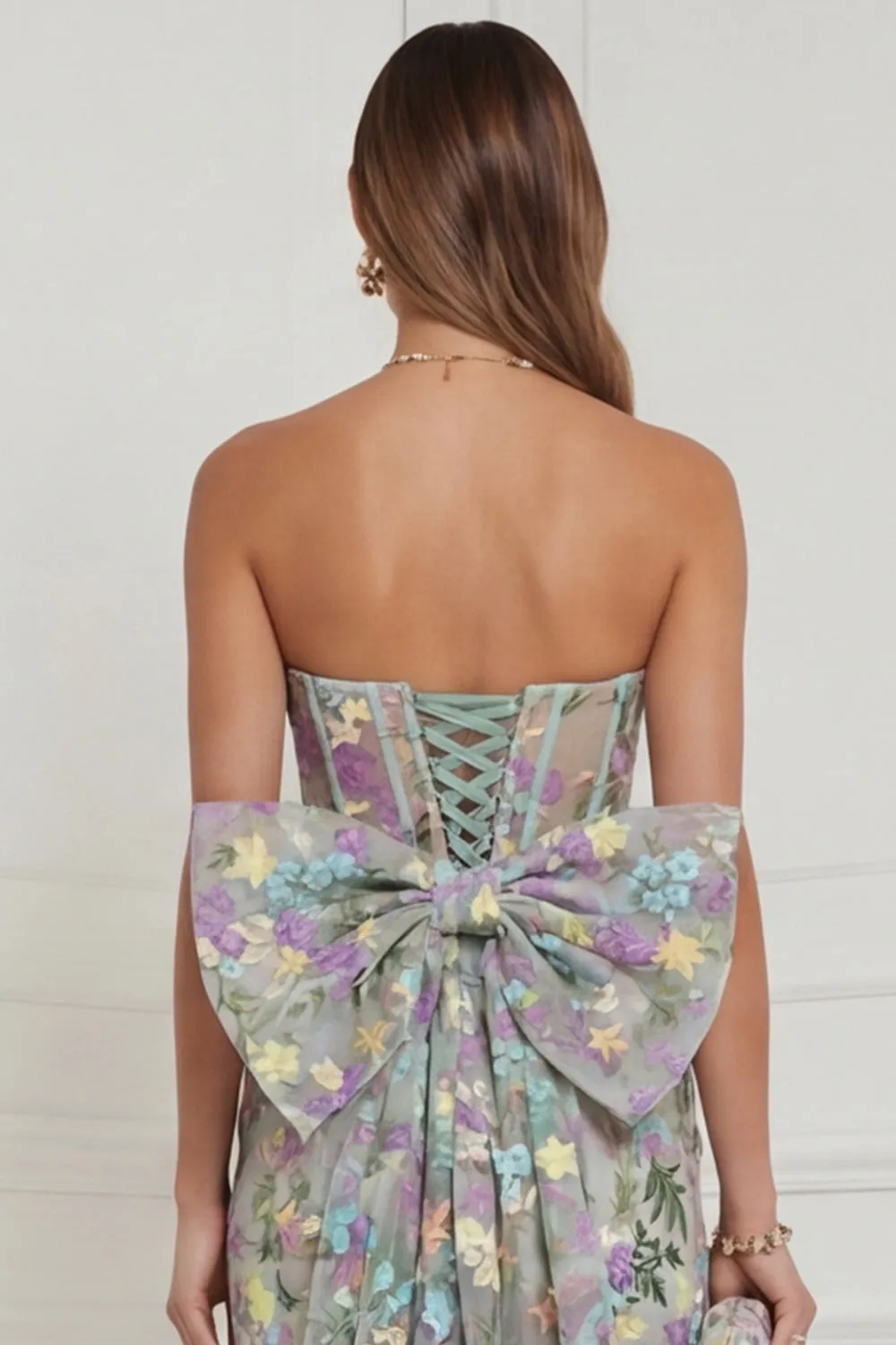 Light Blue Flower Strapless Bodycon Corset Appliqued Mini Dress with Bow sold by Wedtrend product image thumbnail 5