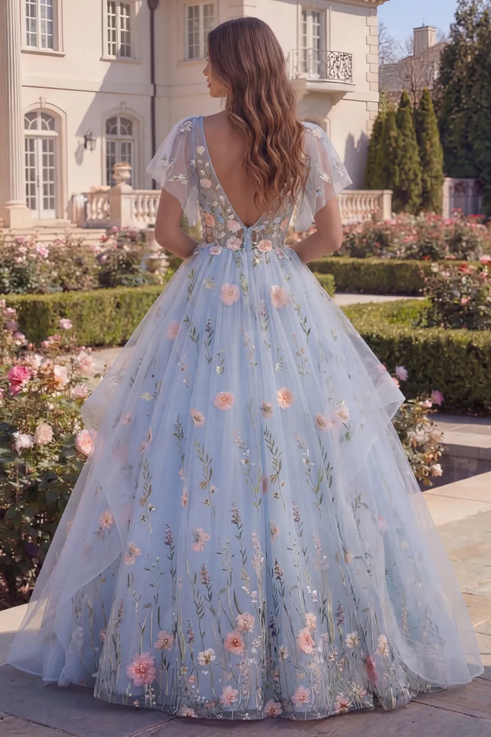 Floral Blue Appliqued Ball Gown Tulle Prom Dress sold by Wedtrend product image thumbnail 2