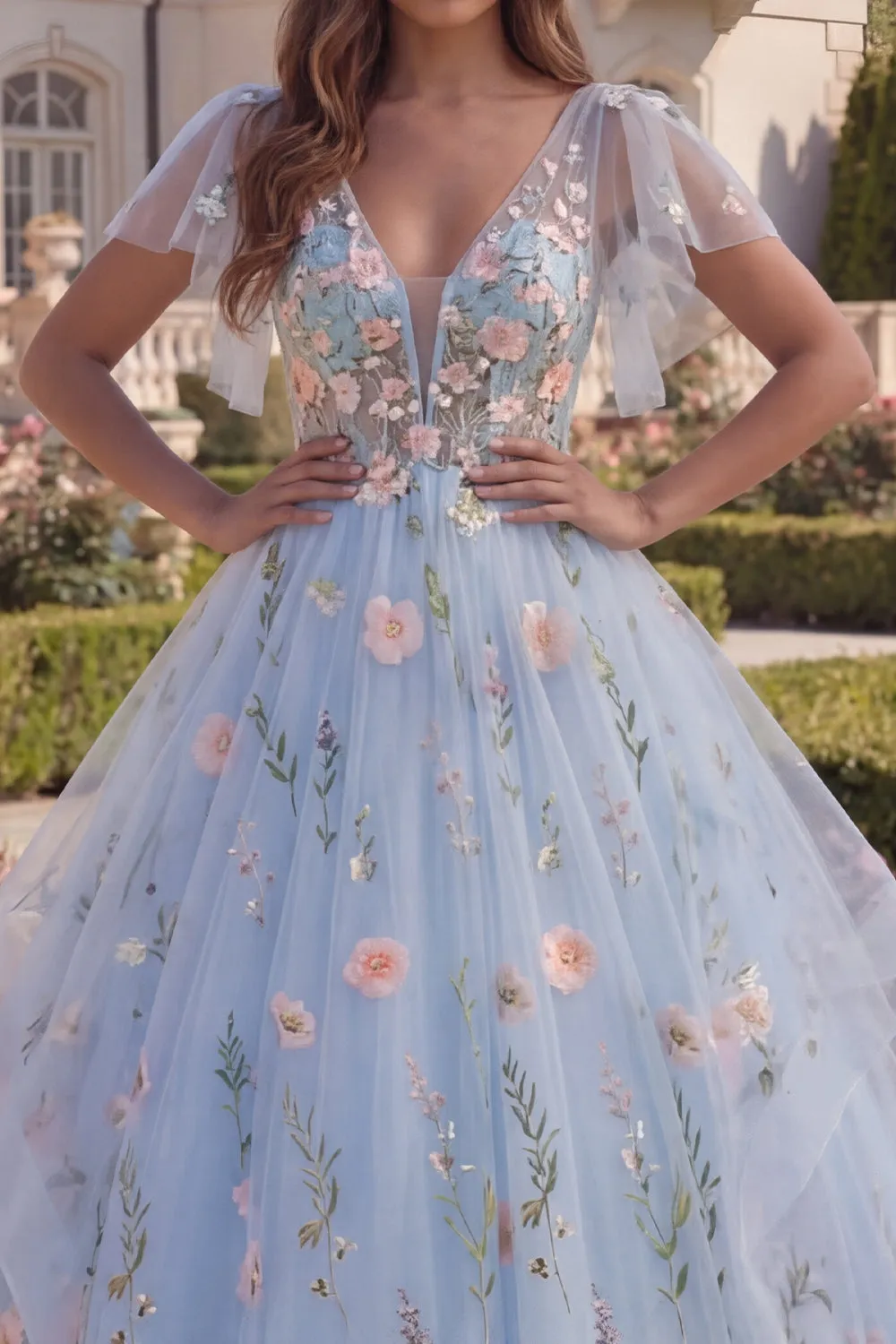 Floral Blue Appliqued Ball Gown Tulle Prom Dress sold by Wedtrend product image thumbnail 3