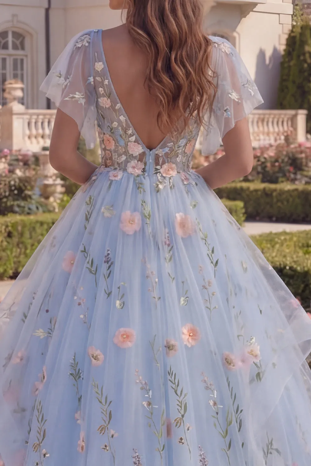 Floral Blue Appliqued Ball Gown Tulle Prom Dress sold by Wedtrend product image thumbnail 4