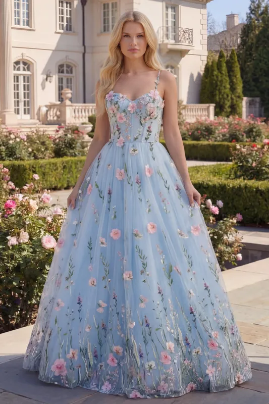 Floral Blue Corset A Line Appliqued Prom Dress made by Wedtrend