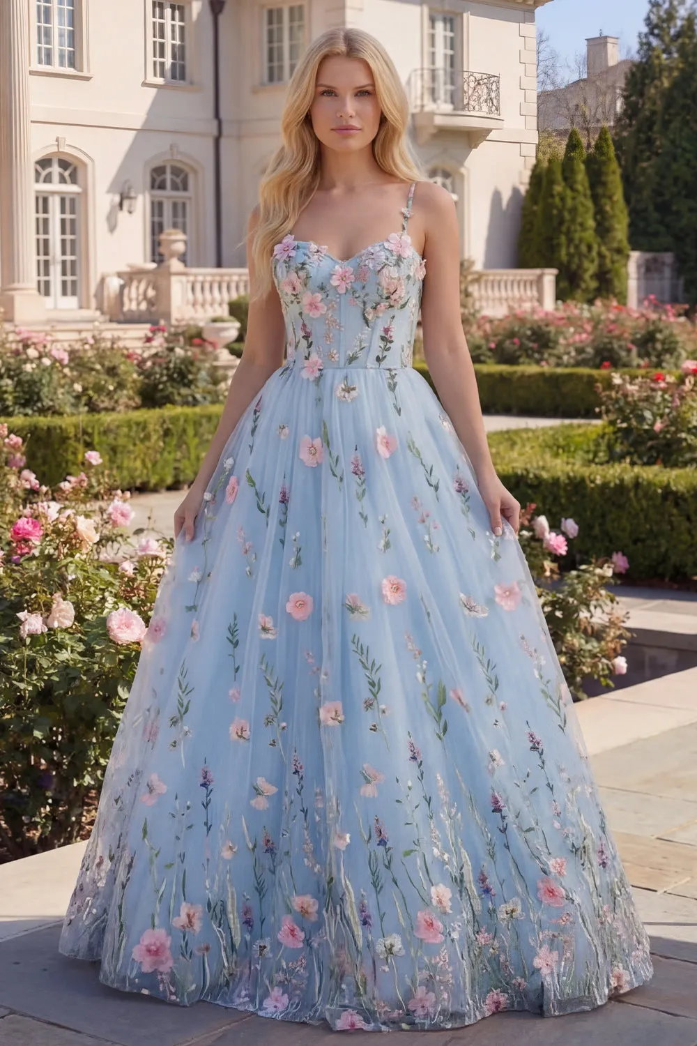 Floral Blue Corset A Line Appliqued Prom Dress sold by Wedtrend