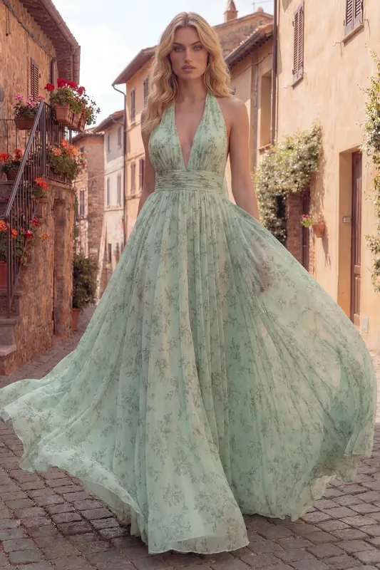 Halter Dusty Sage A Line Backless Maxi Prom Dress made by Wedtrend