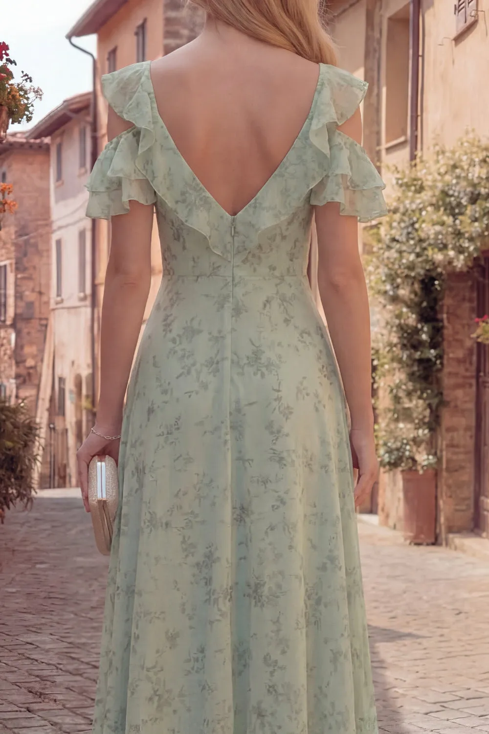 Cold Shoulder Dusty Sage Corset A Line Maxi Prom Dress sold by Wedtrend product image thumbnail 4