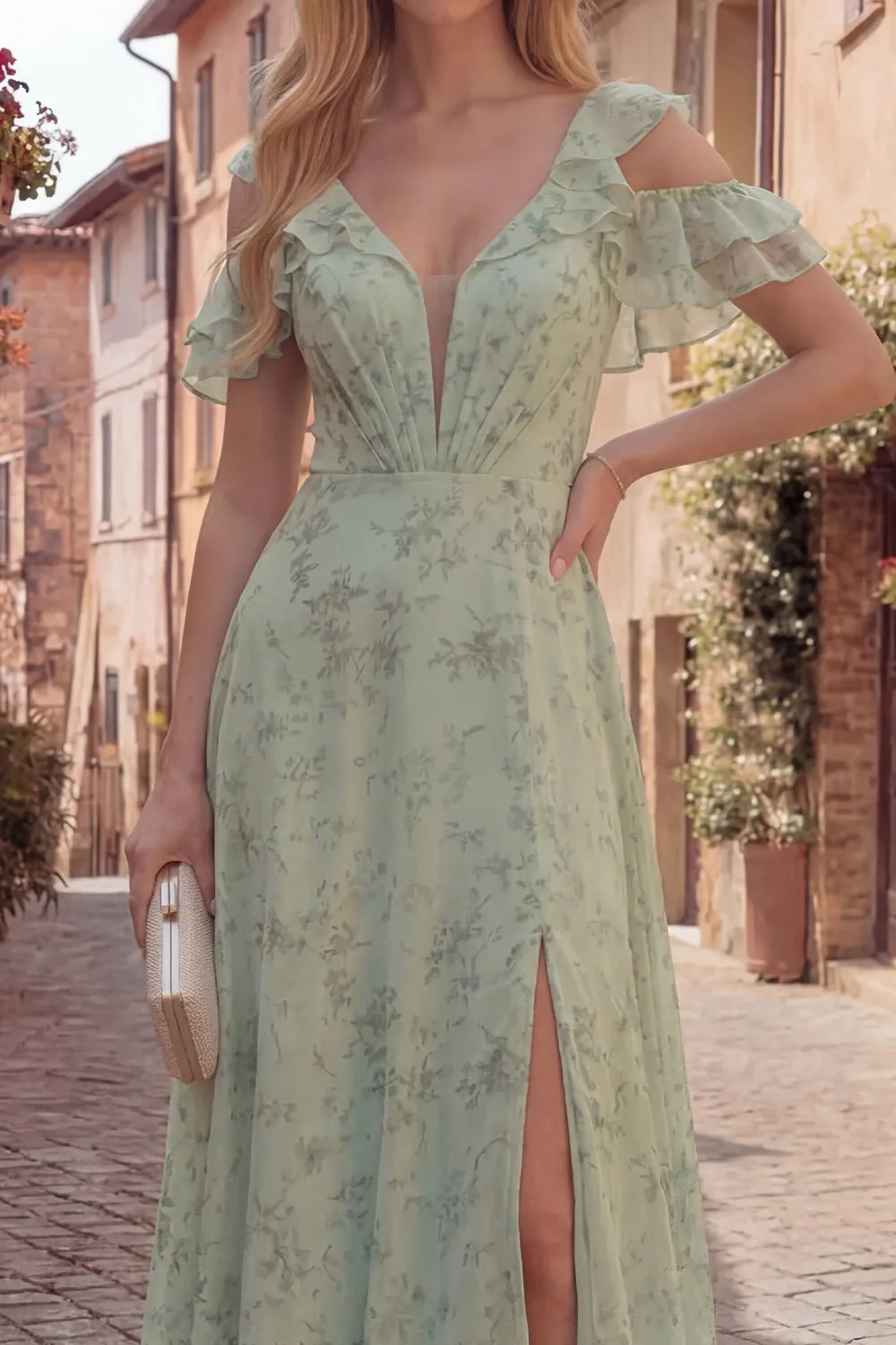 Cold Shoulder Dusty Sage Corset A Line Maxi Prom Dress sold by Wedtrend product image thumbnail 3