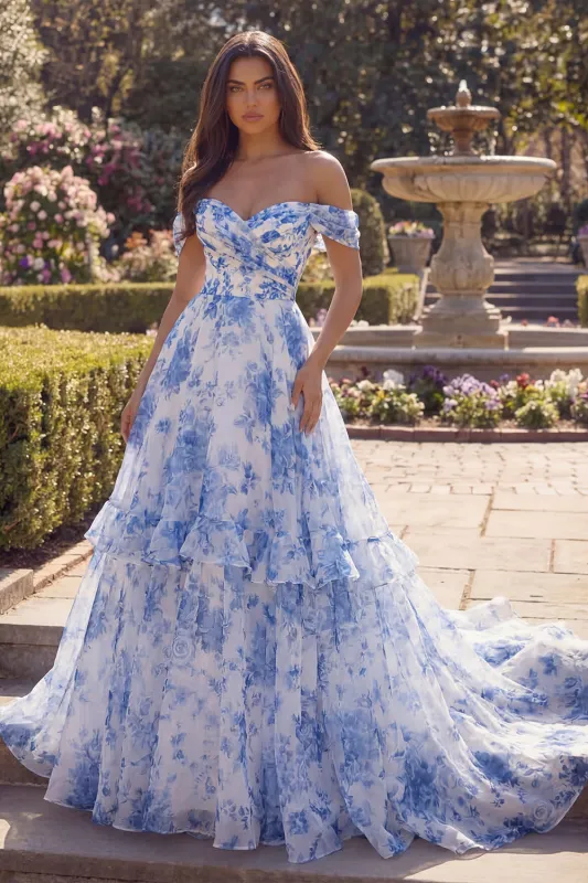 Off the Shoulder Blue Floral A Line Ruffled Prom Dress made by Wedtrend