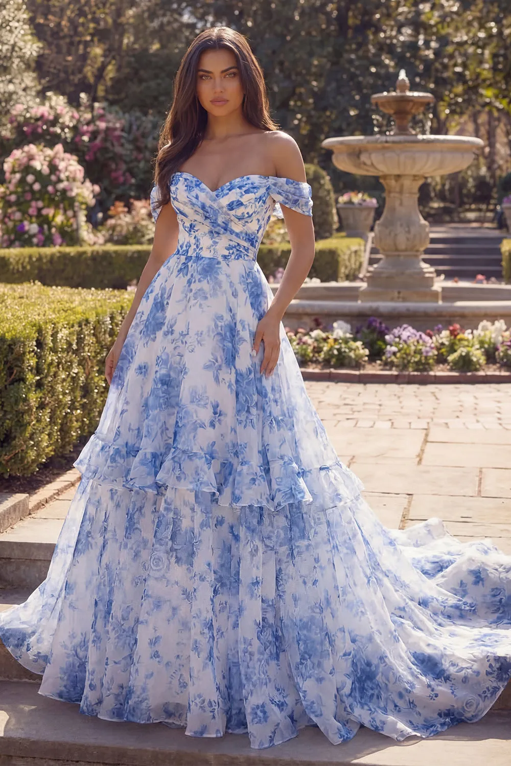 Off the Shoulder Blue Floral A Line Ruffled Prom Dress sold by Wedtrend