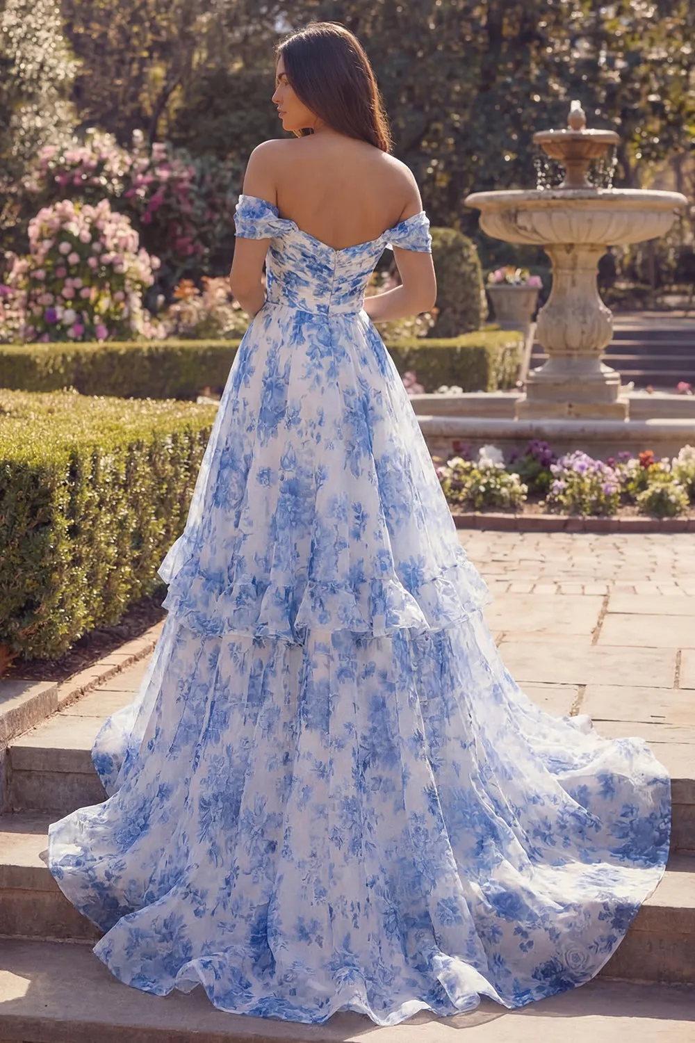 Off the Shoulder Blue Floral A Line Ruffled Prom Dress sold by Wedtrend product image thumbnail 2