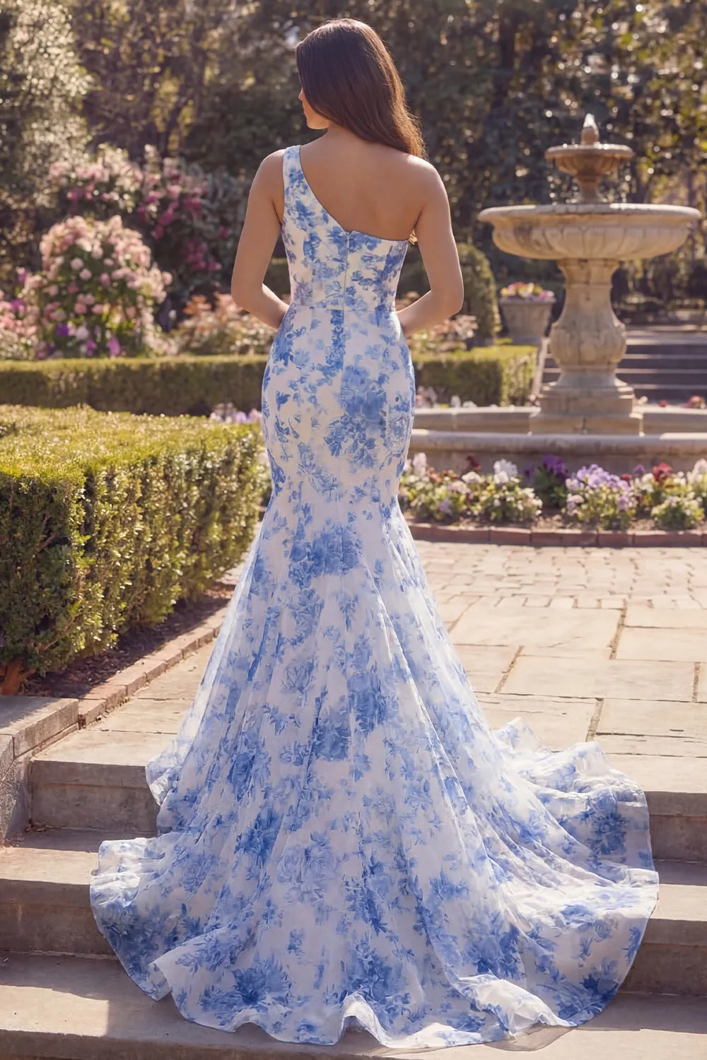 One Shoulder Blue Floral Mermaid Maxi Prom Dress sold by Wedtrend product image thumbnail 2