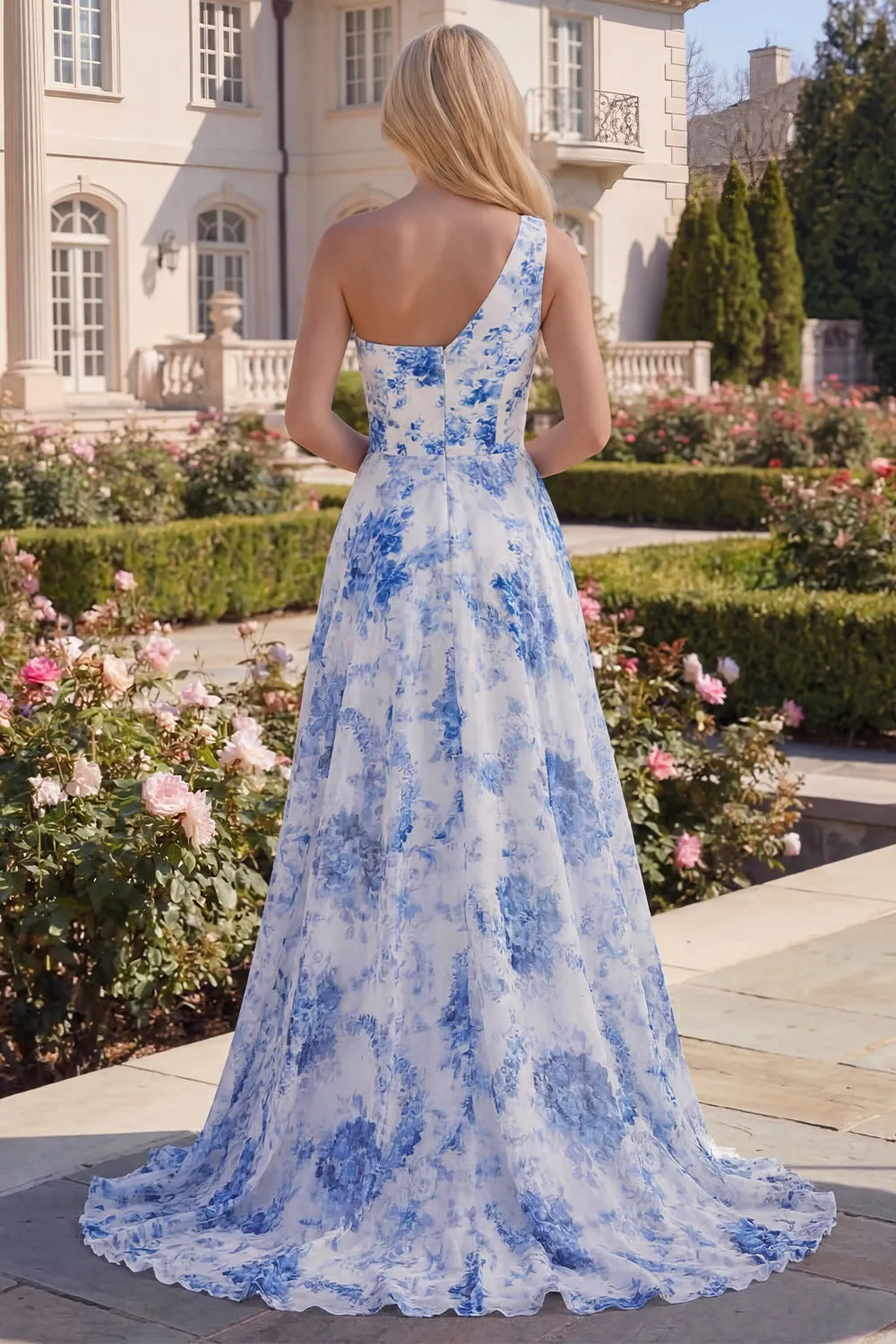 Blue Floral One Shoulder A Line Maxi Prom Dress with Slit sold by Wedtrend product image thumbnail 2