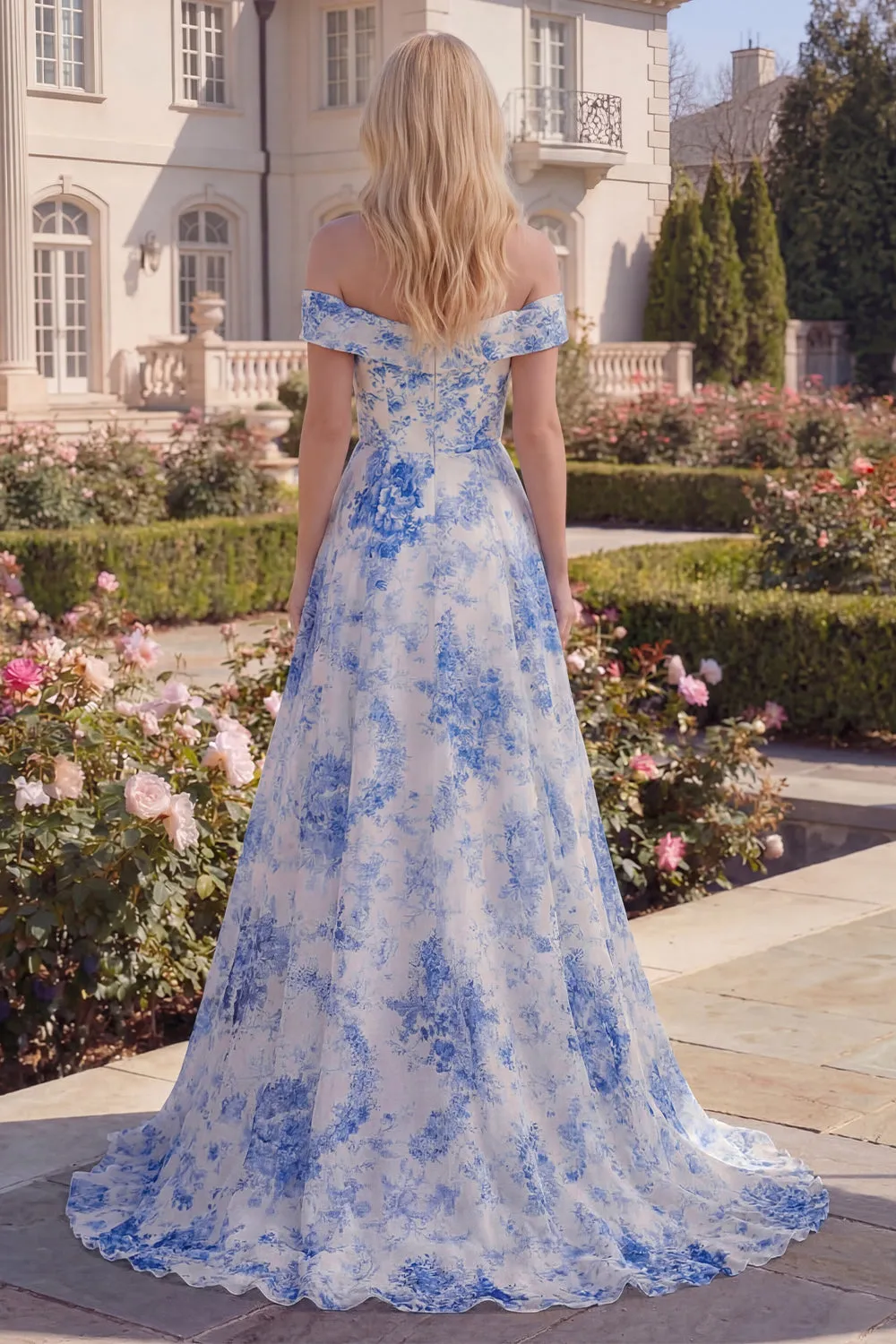 Blue Floral Off the Shoulder A Line Maxi Prom Dress sold by Wedtrend product image thumbnail 2
